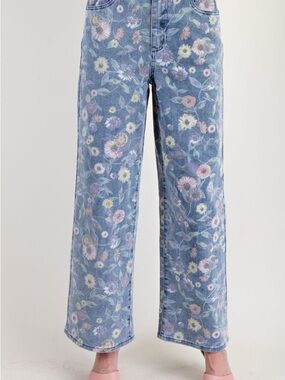 easel Blue Floral Wide-Leg Jeans